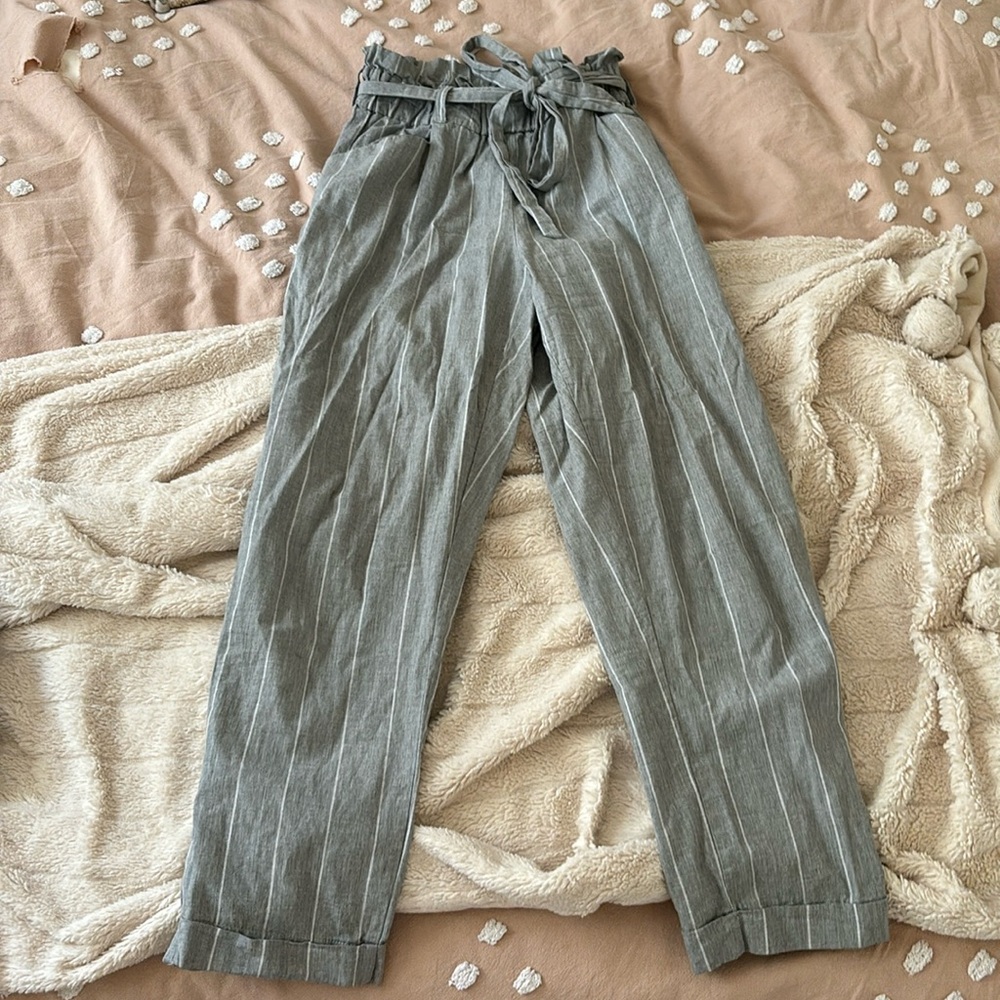Gray and white striped work pants
